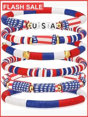 Patriotic Stretch Bracelet Set with USA Beads Stars Set of 6 for Women Men